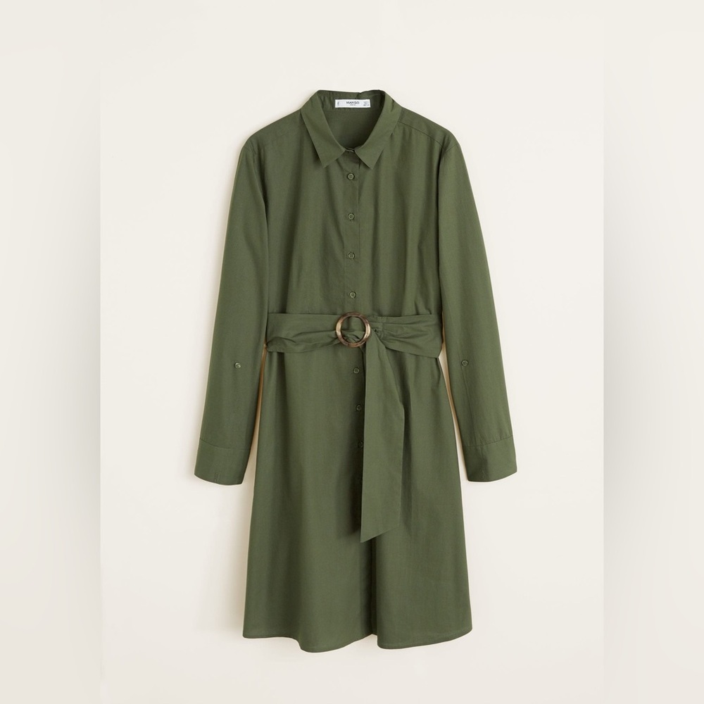 Mango Bow Belted Shirt Dress • Y2K Utility Olive Green Safari Mini Gown Size 8